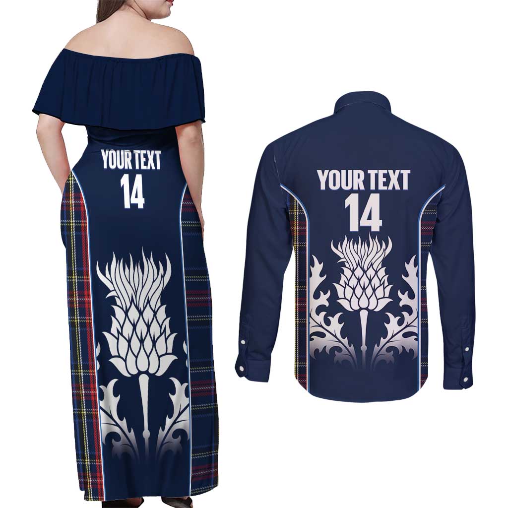 Custom Scotland Curling Couples Matching Off Shoulder Maxi Dress and Long Sleeve Button Shirt Scottish Thistle Mix Tartan Pattern - Wonder Print Shop