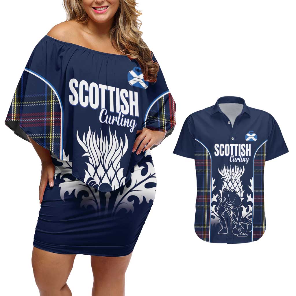Custom Scotland Curling Couples Matching Off Shoulder Short Dress and Hawaiian Shirt Scottish Thistle Mix Tartan Pattern - Wonder Print Shop
