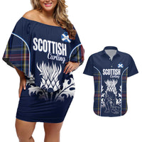 Custom Scotland Curling Couples Matching Off Shoulder Short Dress and Hawaiian Shirt Scottish Thistle Mix Tartan Pattern - Wonder Print Shop