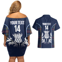 Custom Scotland Curling Couples Matching Off Shoulder Short Dress and Hawaiian Shirt Scottish Thistle Mix Tartan Pattern - Wonder Print Shop