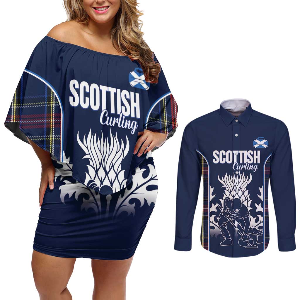 Custom Scotland Curling Couples Matching Off Shoulder Short Dress and Long Sleeve Button Shirt Scottish Thistle Mix Tartan Pattern - Wonder Print Shop
