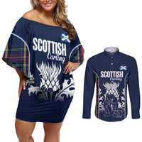 Custom Scotland Curling Couples Matching Off Shoulder Short Dress and Long Sleeve Button Shirt Scottish Thistle Mix Tartan Pattern - Wonder Print Shop