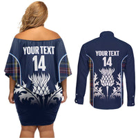 Custom Scotland Curling Couples Matching Off Shoulder Short Dress and Long Sleeve Button Shirt Scottish Thistle Mix Tartan Pattern - Wonder Print Shop