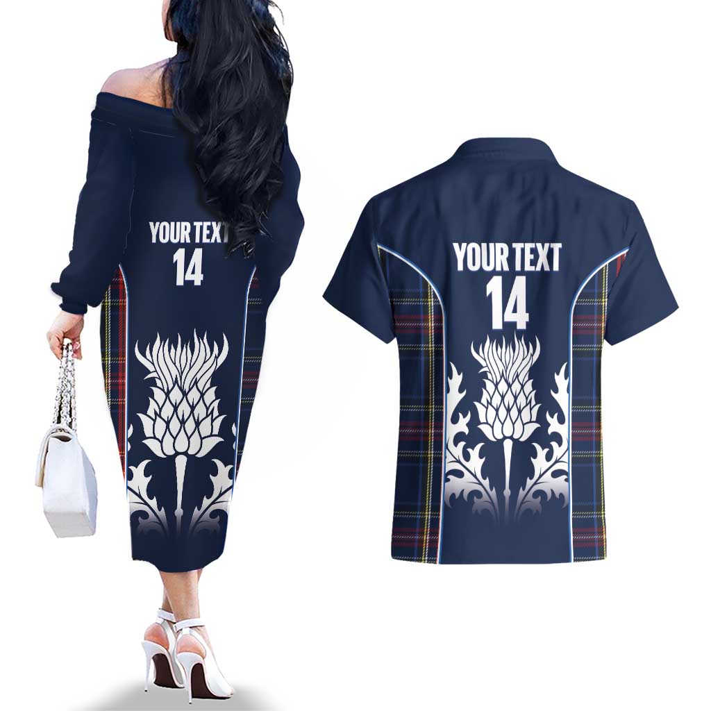Custom Scotland Curling Couples Matching Off The Shoulder Long Sleeve Dress and Hawaiian Shirt Scottish Thistle Mix Tartan Pattern - Wonder Print Shop