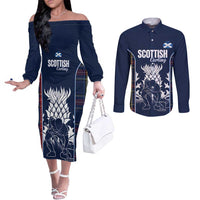 Custom Scotland Curling Couples Matching Off The Shoulder Long Sleeve Dress and Long Sleeve Button Shirt Scottish Thistle Mix Tartan Pattern - Wonder Print Shop