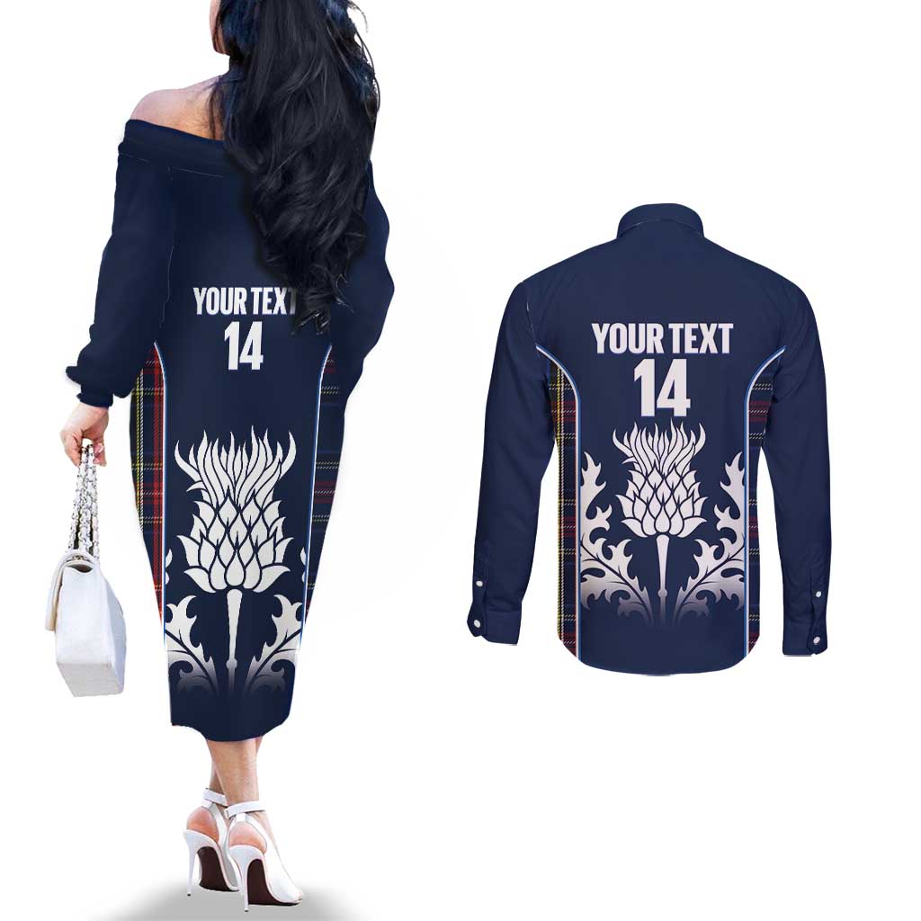 Custom Scotland Curling Couples Matching Off The Shoulder Long Sleeve Dress and Long Sleeve Button Shirt Scottish Thistle Mix Tartan Pattern - Wonder Print Shop