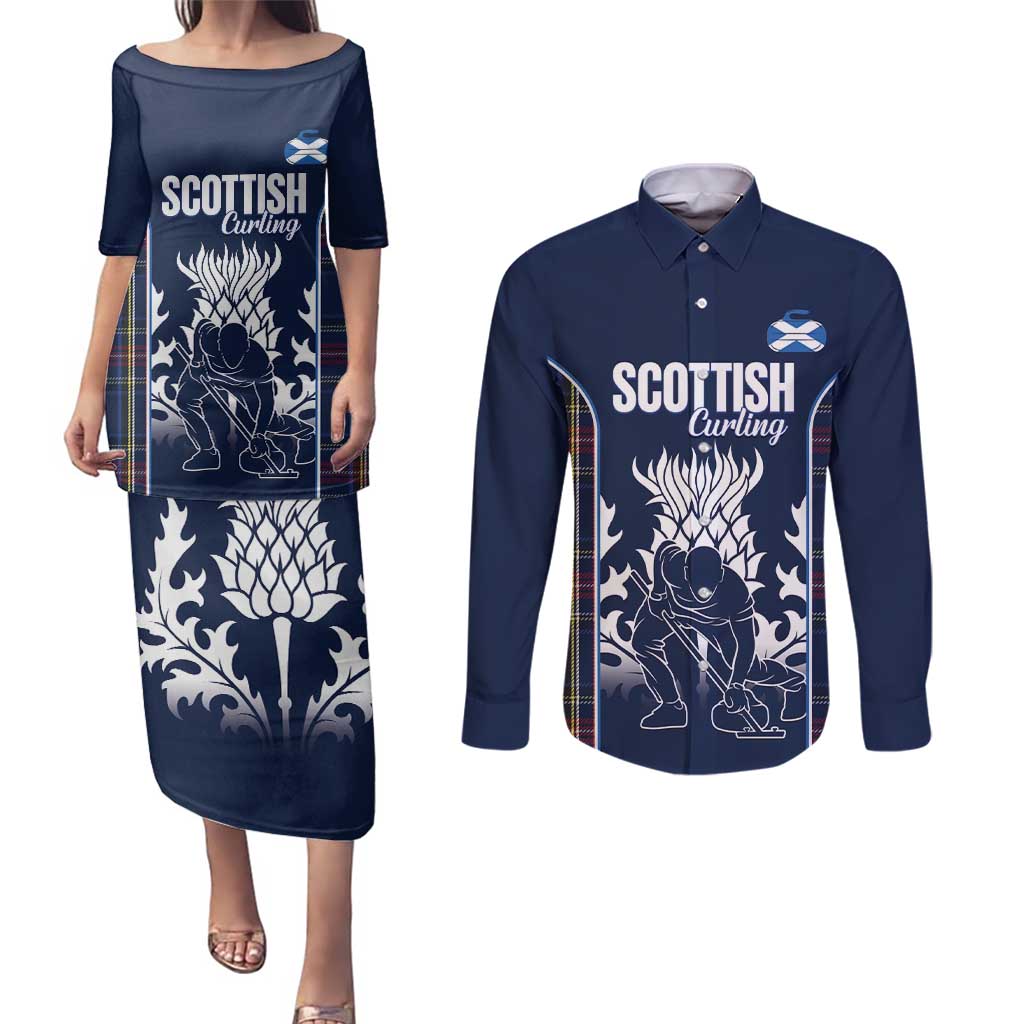 Custom Scotland Curling Couples Matching Puletasi and Long Sleeve Button Shirt Scottish Thistle Mix Tartan Pattern - Wonder Print Shop
