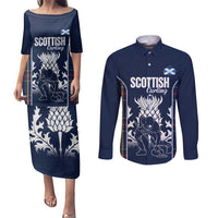 Custom Scotland Curling Couples Matching Puletasi and Long Sleeve Button Shirt Scottish Thistle Mix Tartan Pattern - Wonder Print Shop