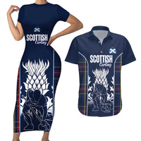 Custom Scotland Curling Couples Matching Short Sleeve Bodycon Dress and Hawaiian Shirt Scottish Thistle Mix Tartan Pattern - Wonder Print Shop