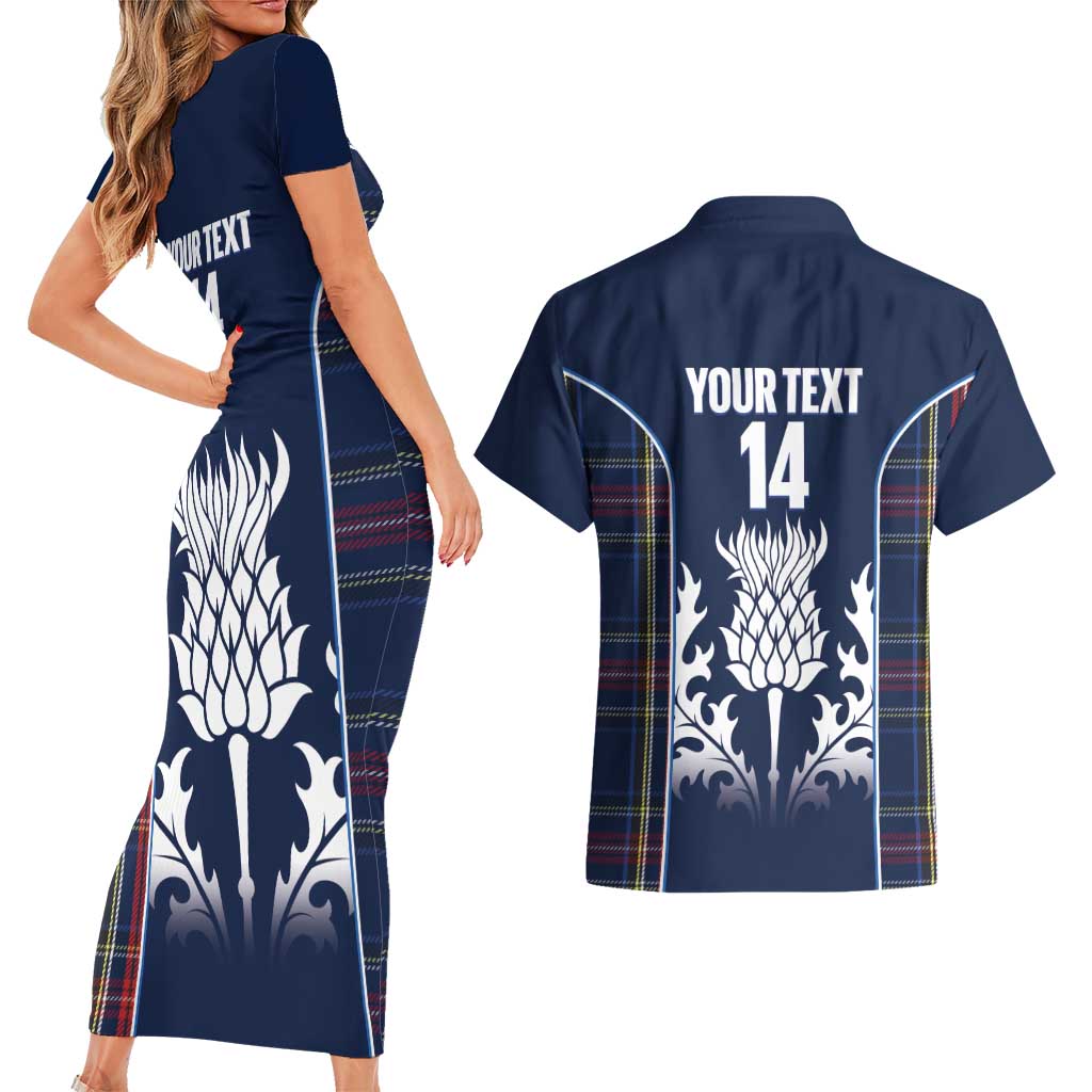 Custom Scotland Curling Couples Matching Short Sleeve Bodycon Dress and Hawaiian Shirt Scottish Thistle Mix Tartan Pattern - Wonder Print Shop