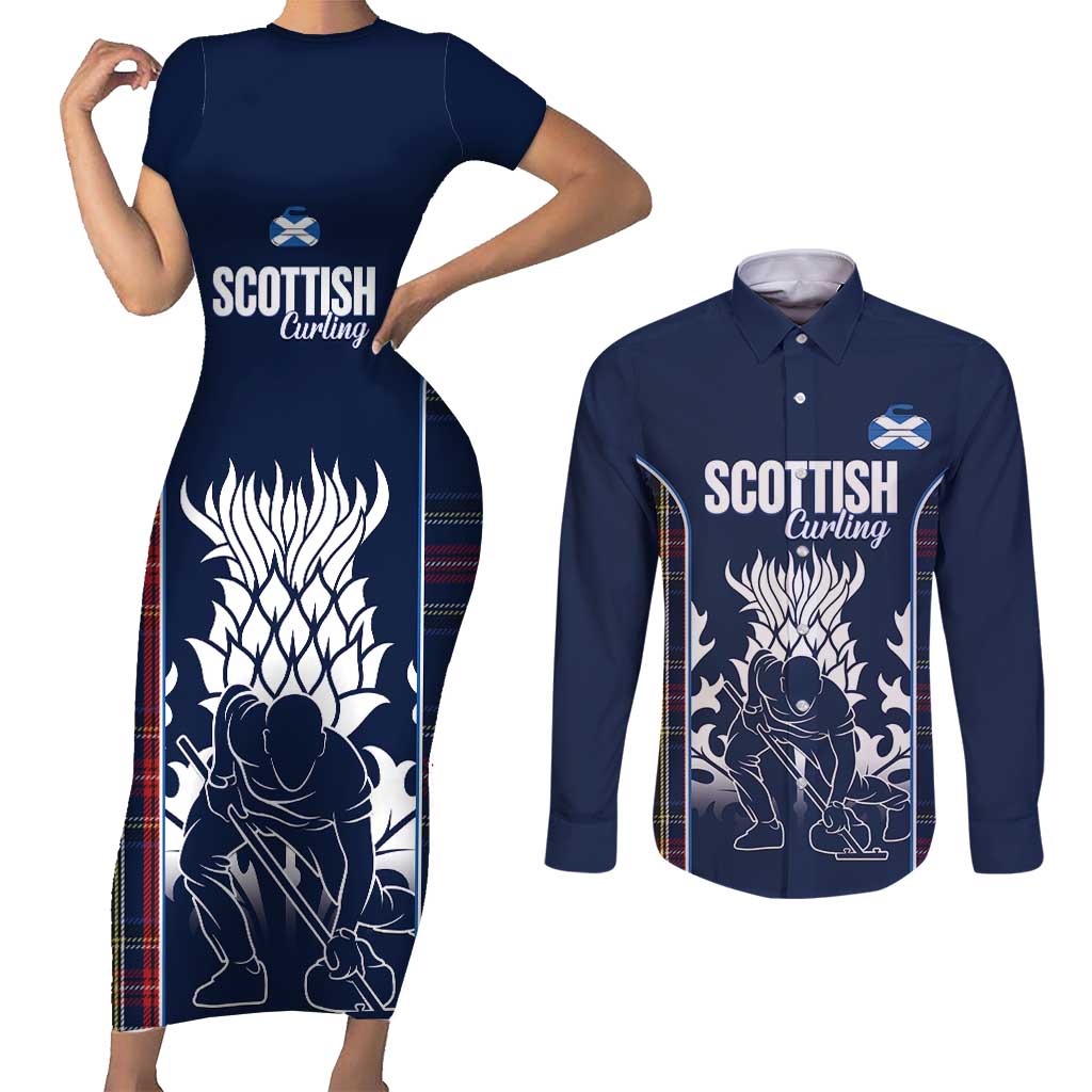 Custom Scotland Curling Couples Matching Short Sleeve Bodycon Dress and Long Sleeve Button Shirt Scottish Thistle Mix Tartan Pattern - Wonder Print Shop