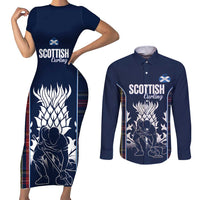 Custom Scotland Curling Couples Matching Short Sleeve Bodycon Dress and Long Sleeve Button Shirt Scottish Thistle Mix Tartan Pattern - Wonder Print Shop