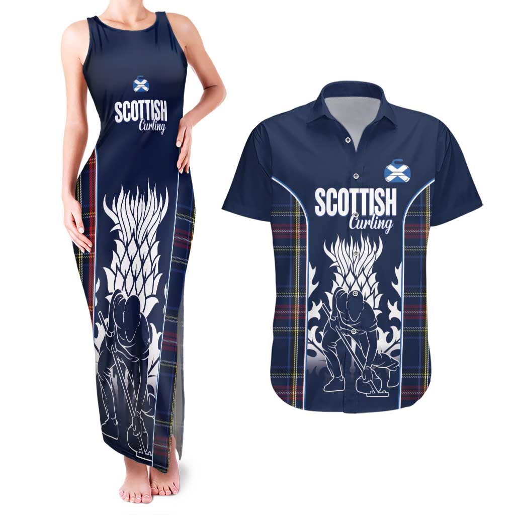 Custom Scotland Curling Couples Matching Tank Maxi Dress and Hawaiian Shirt Scottish Thistle Mix Tartan Pattern - Wonder Print Shop
