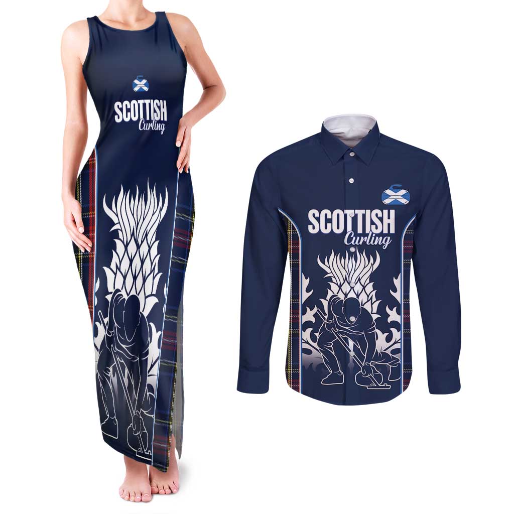 Custom Scotland Curling Couples Matching Tank Maxi Dress and Long Sleeve Button Shirt Scottish Thistle Mix Tartan Pattern - Wonder Print Shop