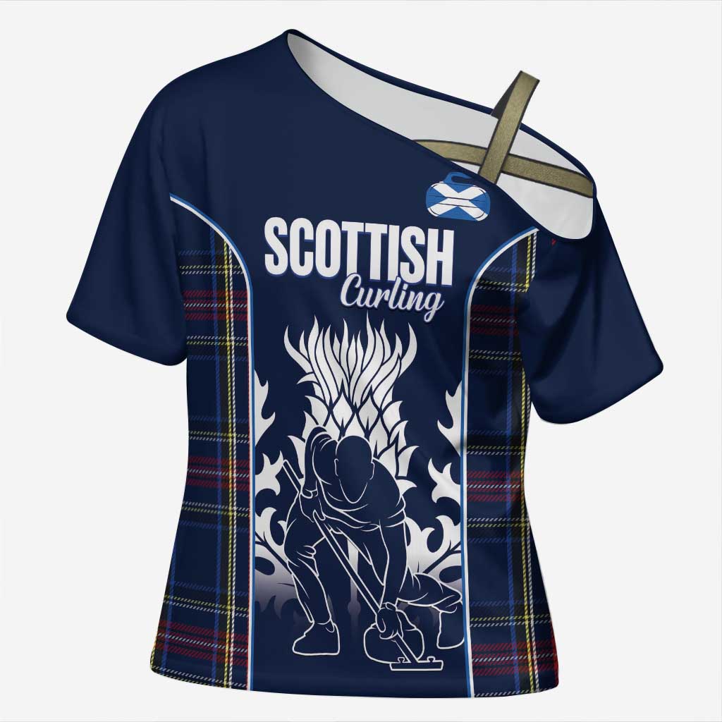 Custom Scotland Curling Cross Shoulder Shirt Scottish Thistle Mix Tartan Pattern - Wonder Print Shop