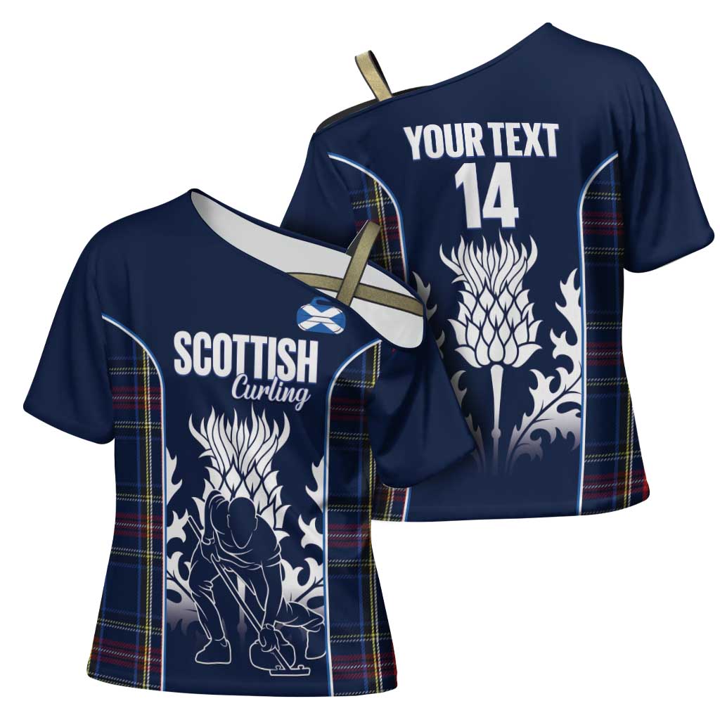 Custom Scotland Curling Cross Shoulder Shirt Scottish Thistle Mix Tartan Pattern - Wonder Print Shop