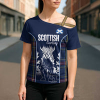 Custom Scotland Curling Cross Shoulder Shirt Scottish Thistle Mix Tartan Pattern - Wonder Print Shop