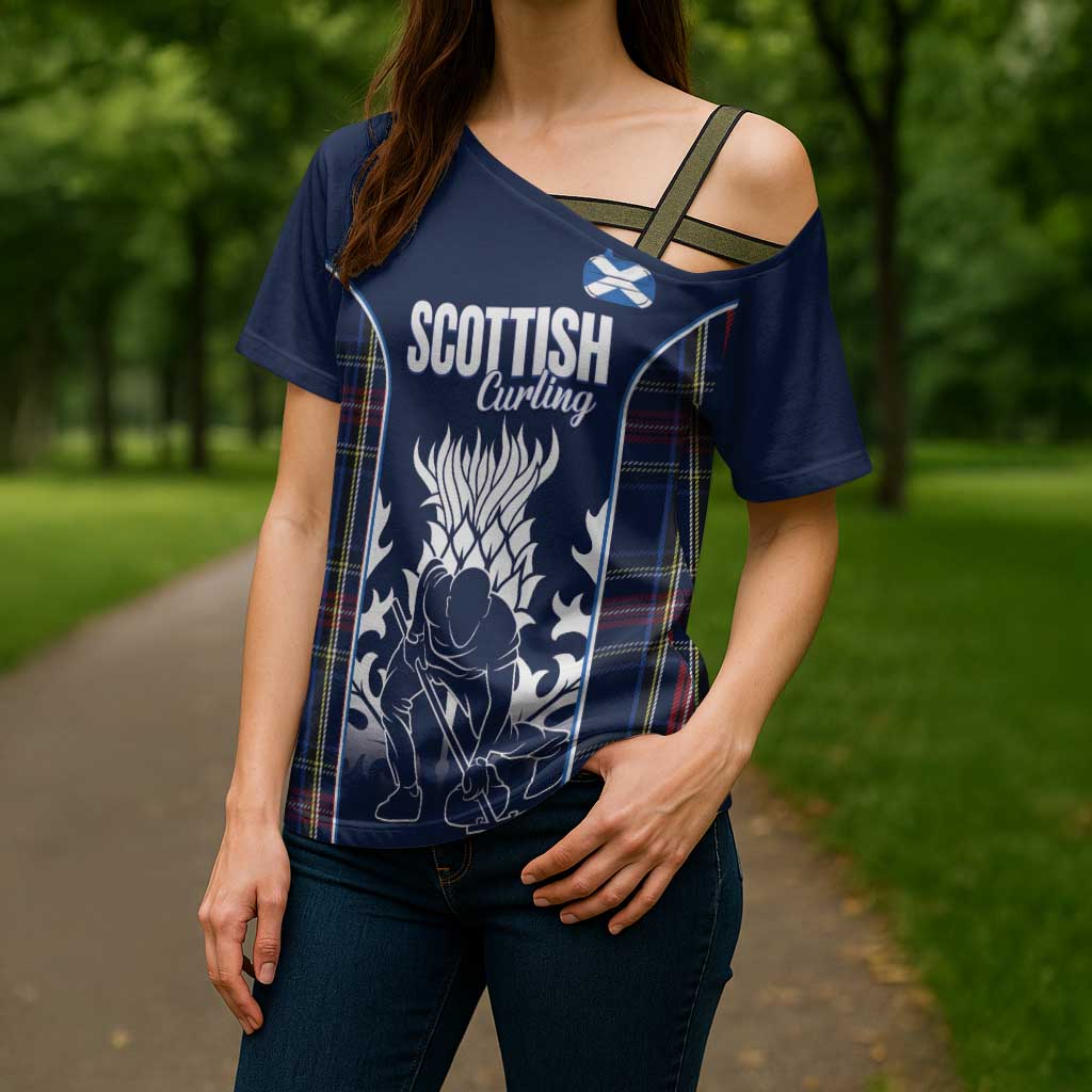 Custom Scotland Curling Cross Shoulder Shirt Scottish Thistle Mix Tartan Pattern - Wonder Print Shop