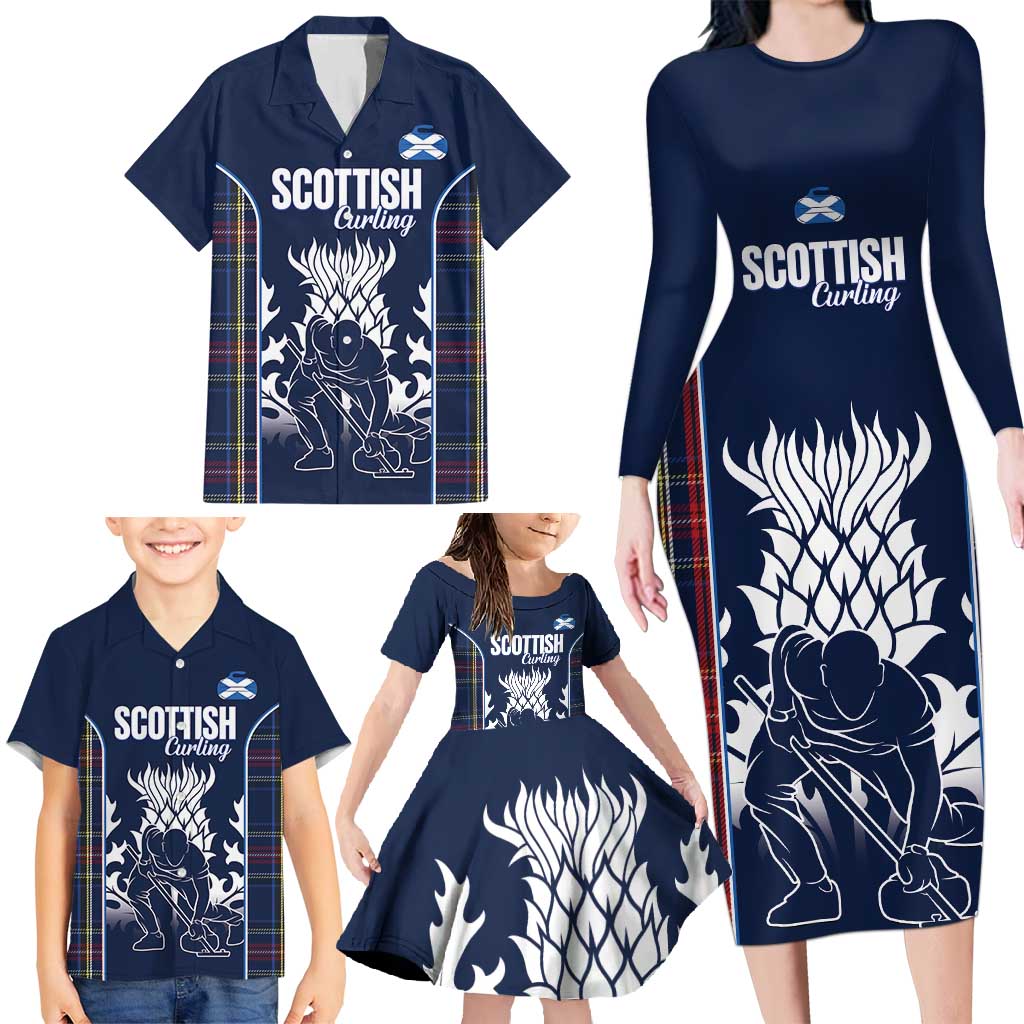 Custom Scotland Curling Family Matching Long Sleeve Bodycon Dress and Hawaiian Shirt Scottish Thistle Mix Tartan Pattern - Wonder Print Shop