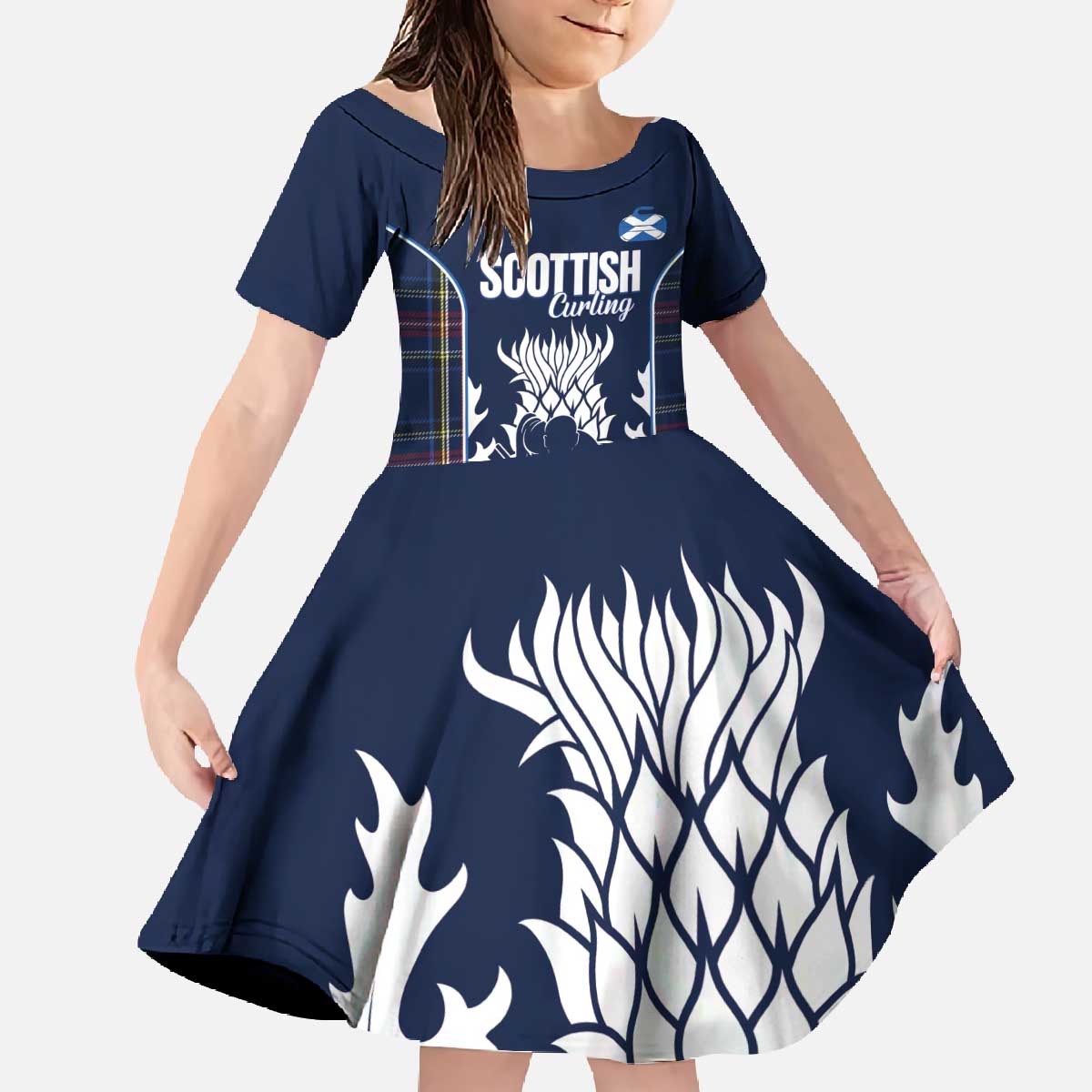 Custom Scotland Curling Family Matching Off The Shoulder Long Sleeve Dress and Hawaiian Shirt Scottish Thistle Mix Tartan Pattern - Wonder Print Shop