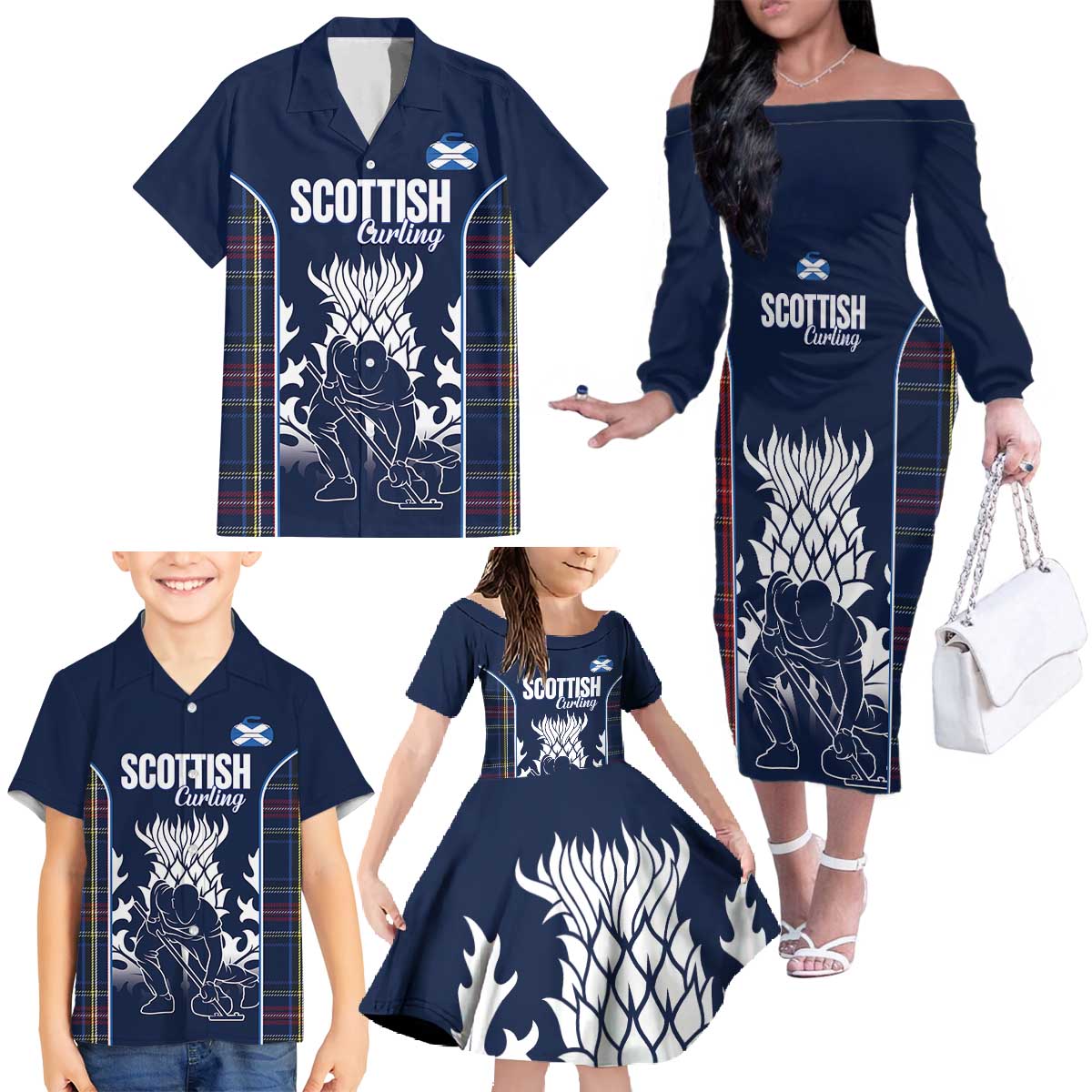 Custom Scotland Curling Family Matching Off The Shoulder Long Sleeve Dress and Hawaiian Shirt Scottish Thistle Mix Tartan Pattern - Wonder Print Shop