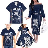 Custom Scotland Curling Family Matching Off The Shoulder Long Sleeve Dress and Hawaiian Shirt Scottish Thistle Mix Tartan Pattern - Wonder Print Shop