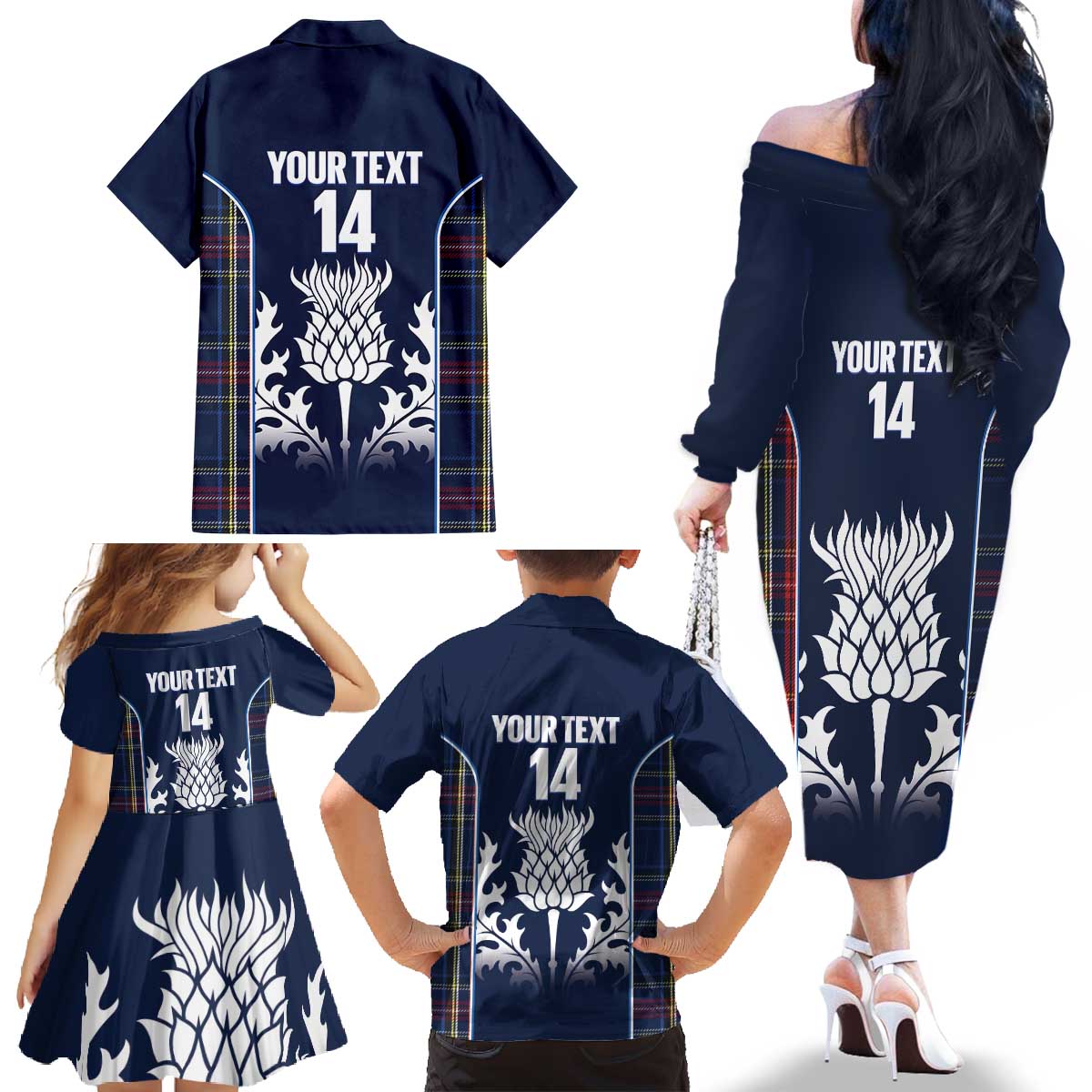 Custom Scotland Curling Family Matching Off The Shoulder Long Sleeve Dress and Hawaiian Shirt Scottish Thistle Mix Tartan Pattern - Wonder Print Shop