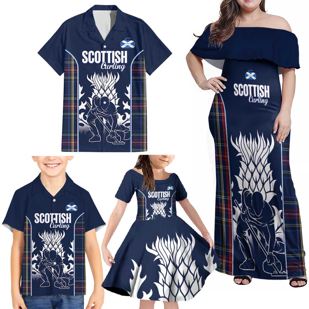 Custom Scotland Curling Family Matching Off Shoulder Maxi Dress and Hawaiian Shirt Scottish Thistle Mix Tartan Pattern - Wonder Print Shop