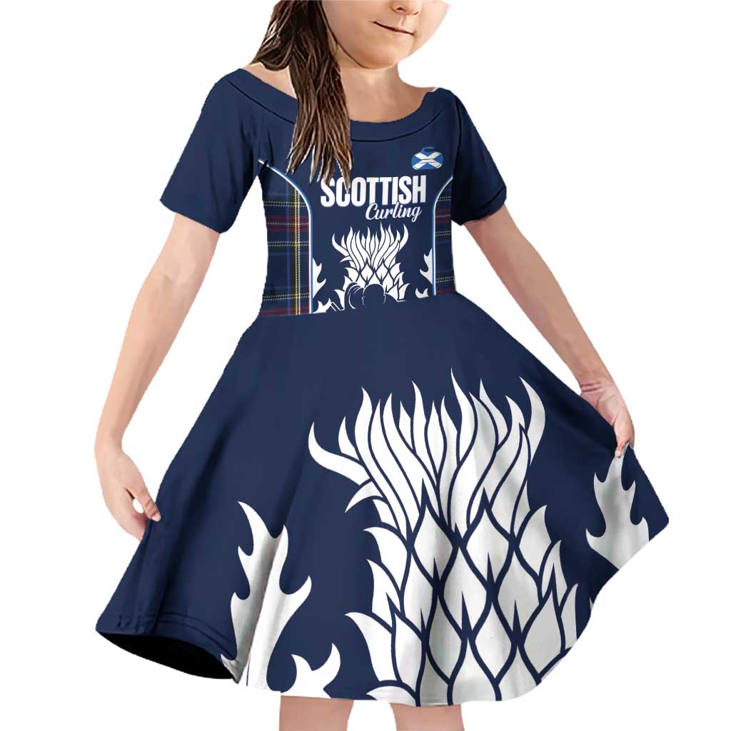 Custom Scotland Curling Family Matching Off Shoulder Short Dress and Hawaiian Shirt Scottish Thistle Mix Tartan Pattern - Wonder Print Shop