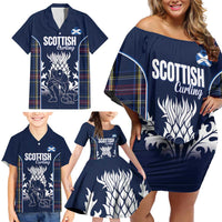 Custom Scotland Curling Family Matching Off Shoulder Short Dress and Hawaiian Shirt Scottish Thistle Mix Tartan Pattern - Wonder Print Shop