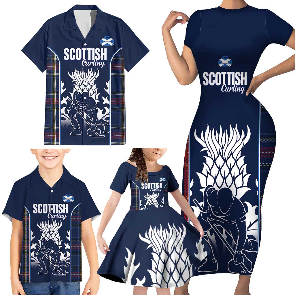 Custom Scotland Curling Family Matching Short Sleeve Bodycon Dress and Hawaiian Shirt Scottish Thistle Mix Tartan Pattern - Wonder Print Shop