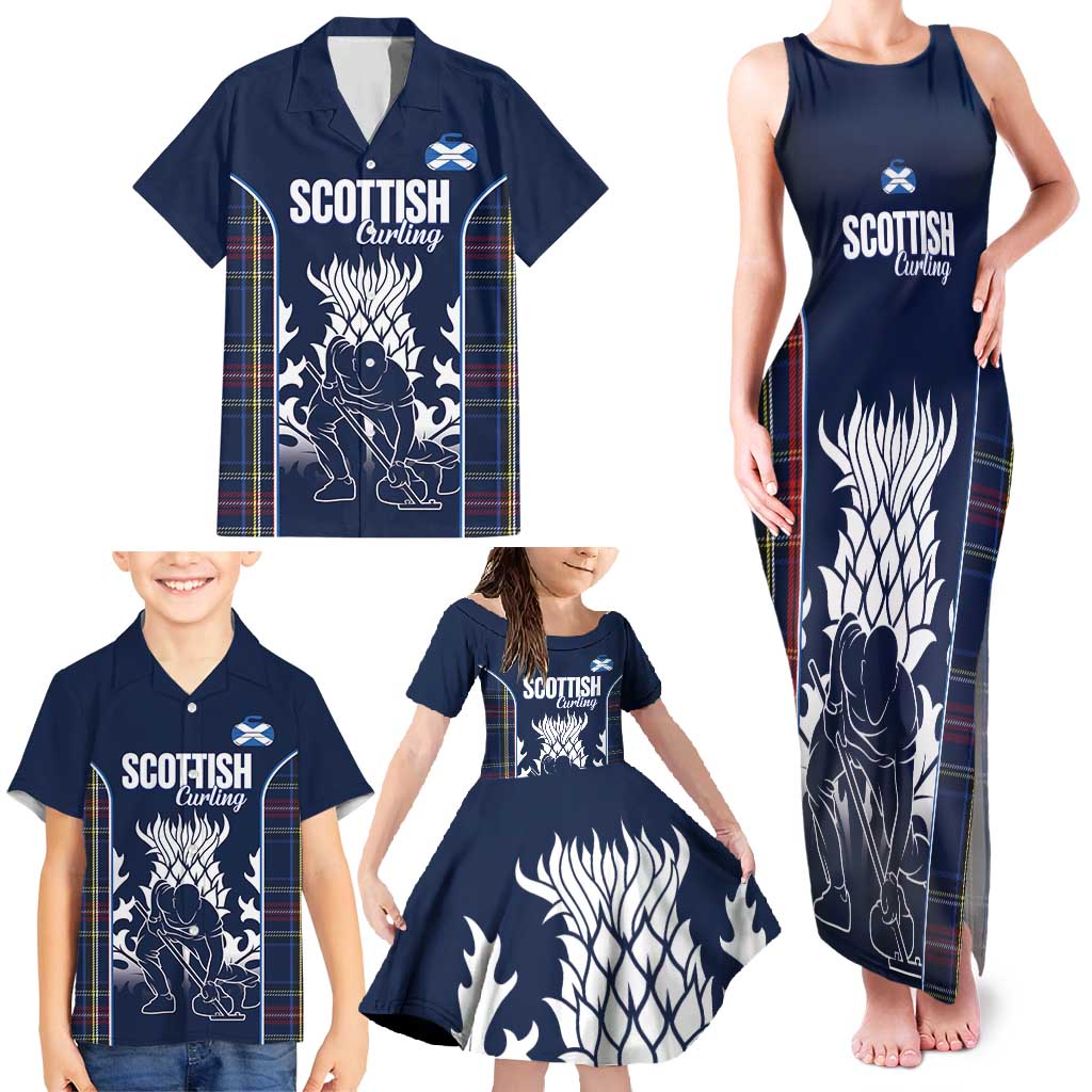 Custom Scotland Curling Family Matching Tank Maxi Dress and Hawaiian Shirt Scottish Thistle Mix Tartan Pattern - Wonder Print Shop