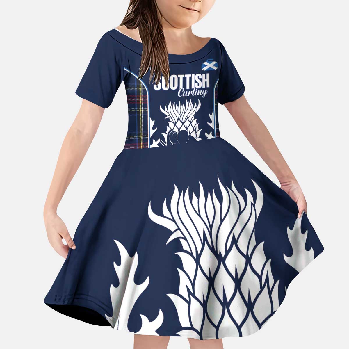 Custom Scotland Curling Kid Short Sleeve Dress Scottish Thistle Mix Tartan Pattern - Wonder Print Shop