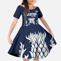 Custom Scotland Curling Kid Short Sleeve Dress Scottish Thistle Mix Tartan Pattern - Wonder Print Shop