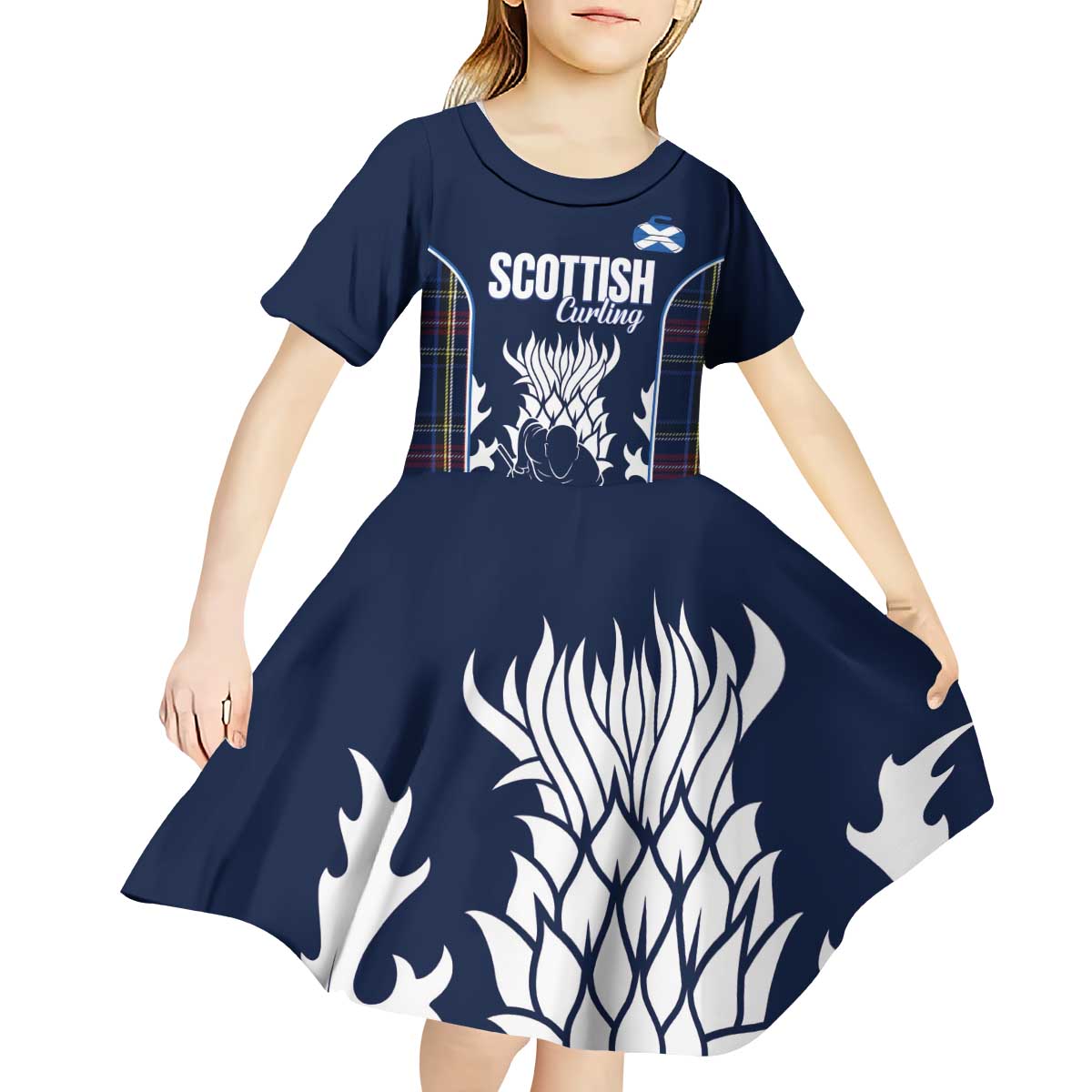 Custom Scotland Curling Kid Short Sleeve Dress Scottish Thistle Mix Tartan Pattern - Wonder Print Shop