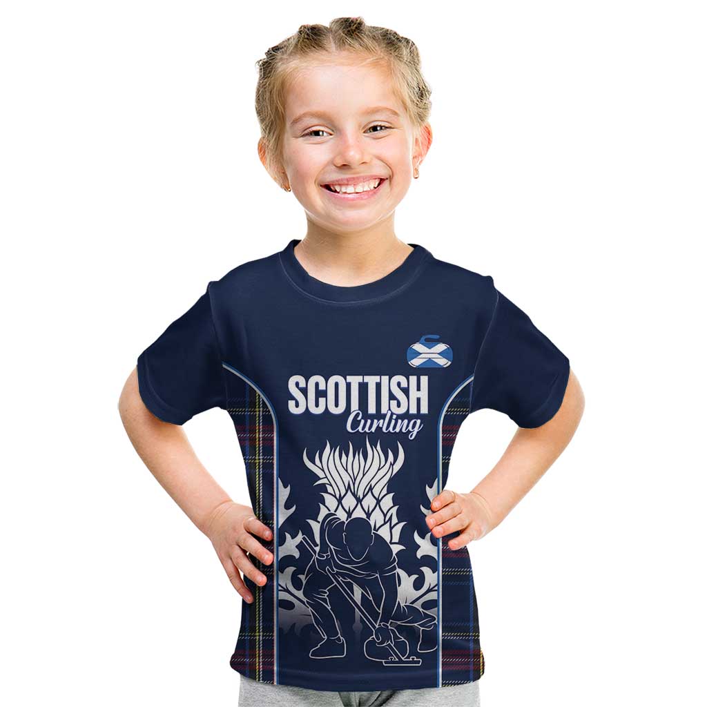 Custom Scotland Curling Kid T Shirt Scottish Thistle Mix Tartan Pattern - Wonder Print Shop