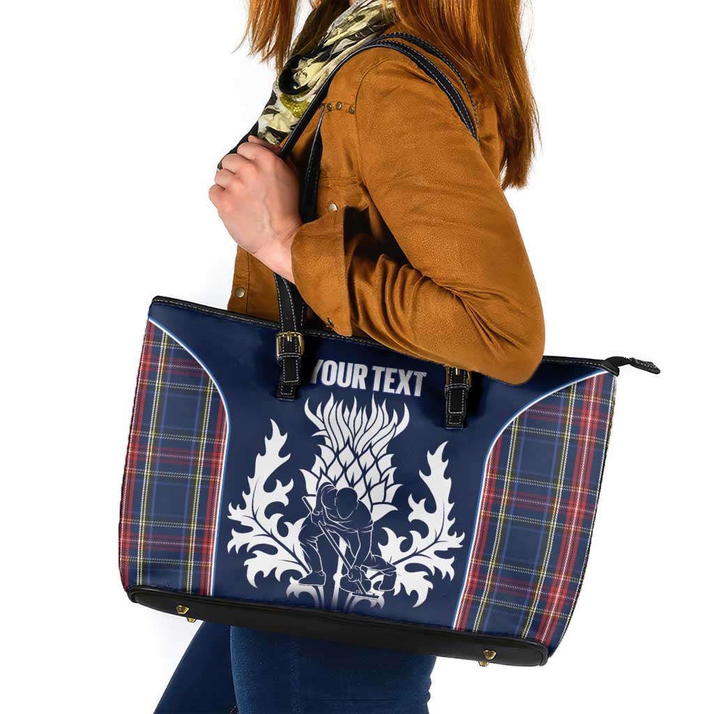 Custom Scotland Curling Leather Tote Bag Scottish Thistle Mix Tartan Pattern - Wonder Print Shop