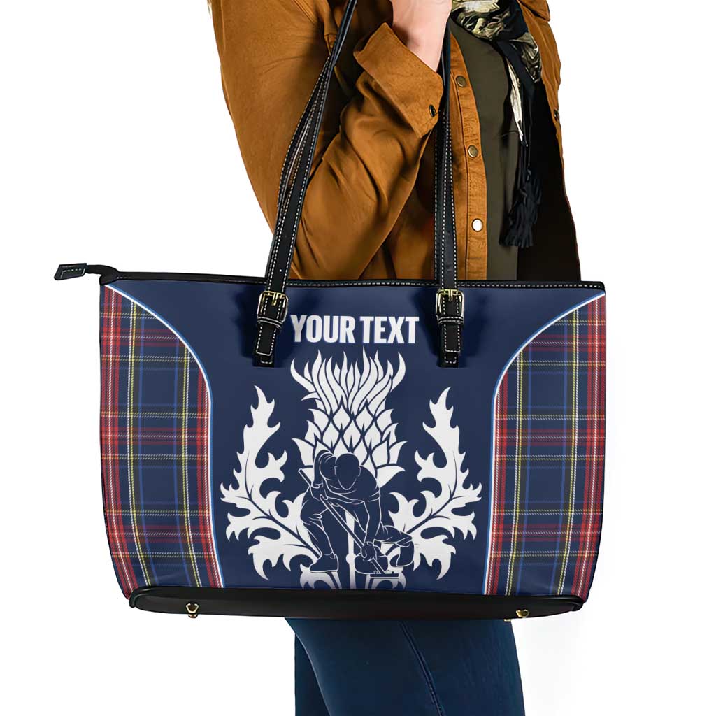 Custom Scotland Curling Leather Tote Bag Scottish Thistle Mix Tartan Pattern - Wonder Print Shop