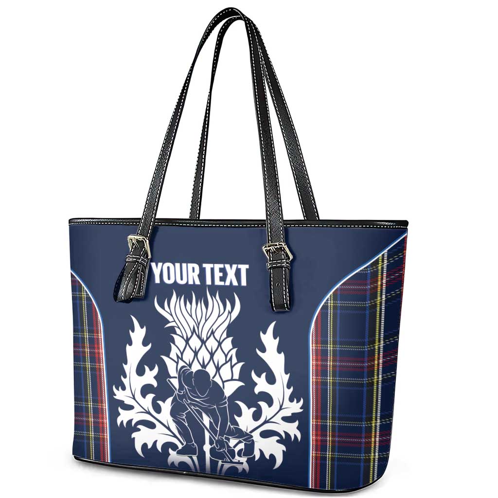 Custom Scotland Curling Leather Tote Bag Scottish Thistle Mix Tartan Pattern - Wonder Print Shop