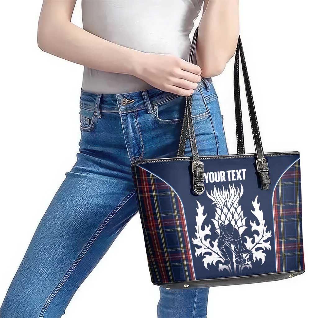 Custom Scotland Curling Leather Tote Bag Scottish Thistle Mix Tartan Pattern - Wonder Print Shop
