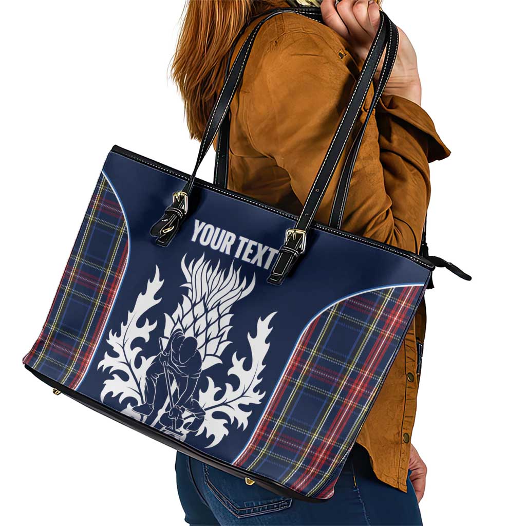 Custom Scotland Curling Leather Tote Bag Scottish Thistle Mix Tartan Pattern - Wonder Print Shop