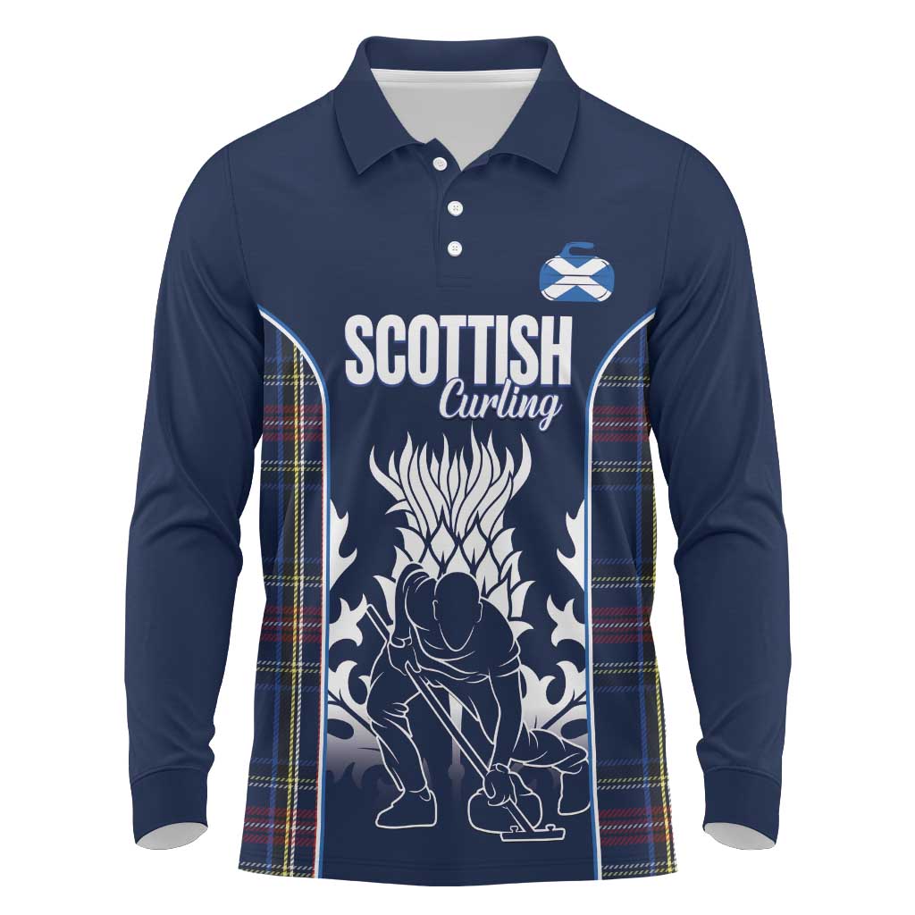 Custom Scotland Curling Long Sleeve Polo Shirt Scottish Thistle Mix Tartan Pattern - Wonder Print Shop
