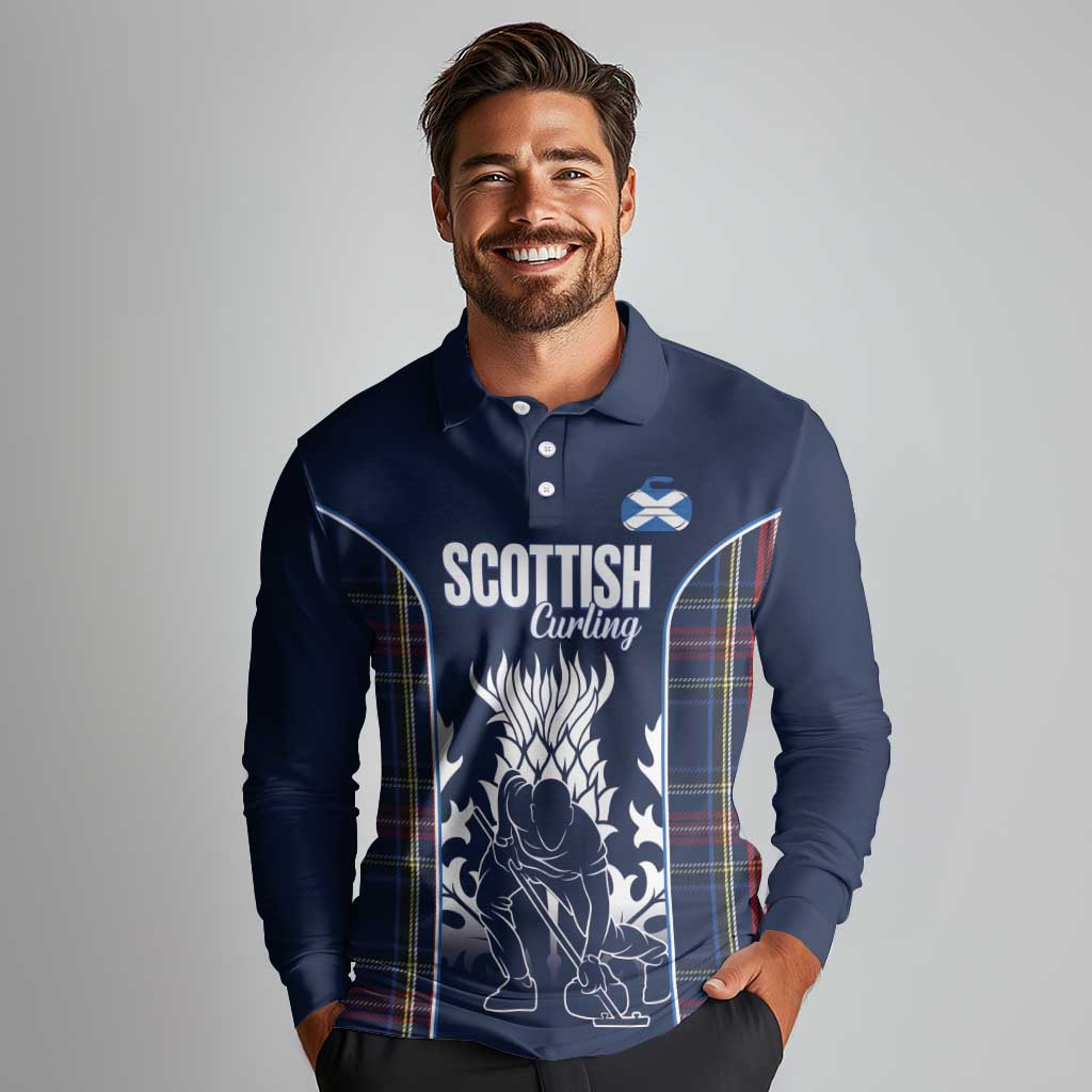 Custom Scotland Curling Long Sleeve Polo Shirt Scottish Thistle Mix Tartan Pattern - Wonder Print Shop