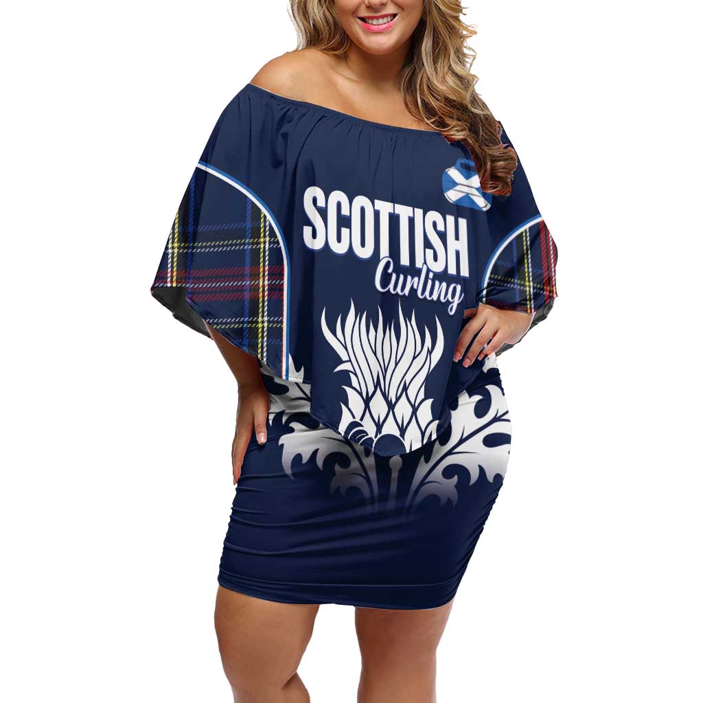 Custom Scotland Curling Off Shoulder Short Dress Scottish Thistle Mix Tartan Pattern - Wonder Print Shop