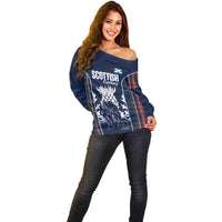 Custom Scotland Curling Off Shoulder Sweater Scottish Thistle Mix Tartan Pattern - Wonder Print Shop