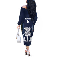 Custom Scotland Curling Off The Shoulder Long Sleeve Dress Scottish Thistle Mix Tartan Pattern - Wonder Print Shop