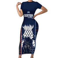 Custom Scotland Curling Short Sleeve Bodycon Dress Scottish Thistle Mix Tartan Pattern - Wonder Print Shop