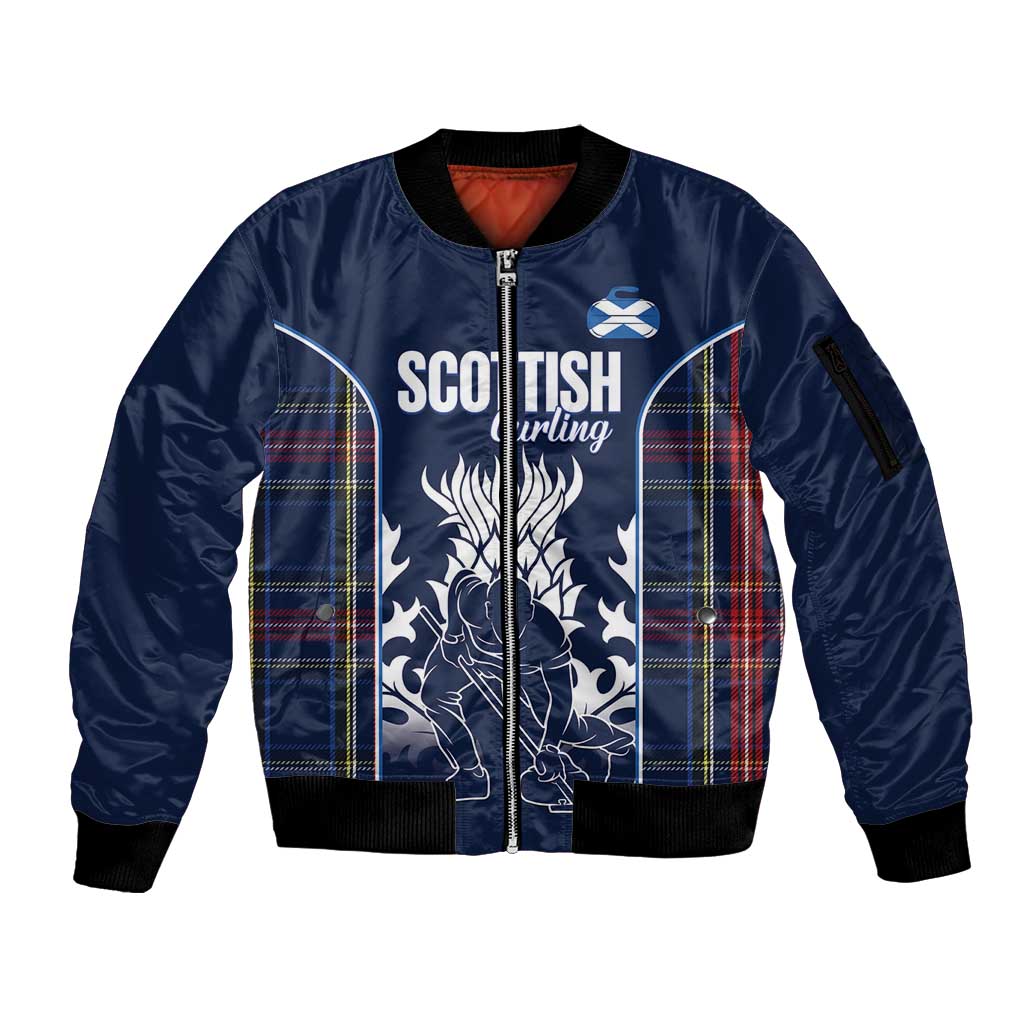 Custom Scotland Curling Sleeve Zip Bomber Jacket Scottish Thistle Mix Tartan Pattern - Wonder Print Shop