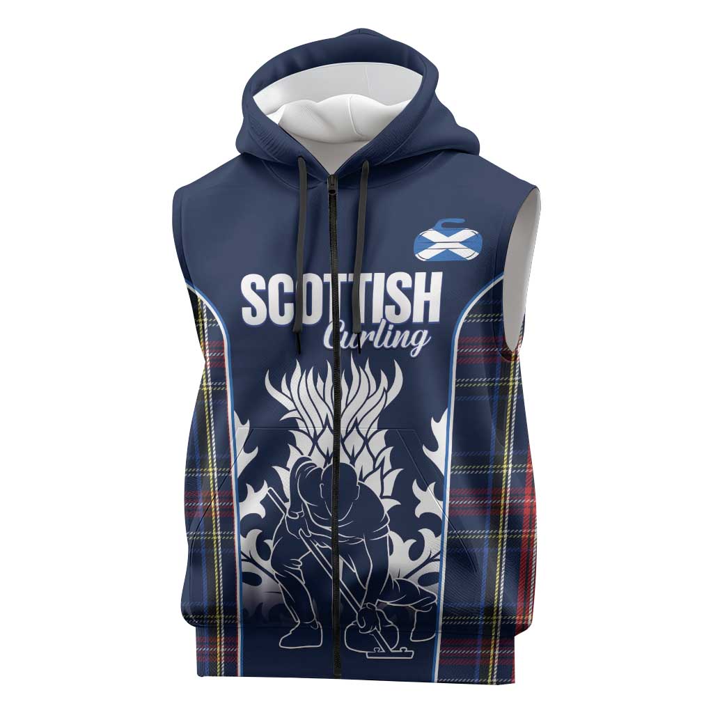 Custom Scotland Curling Sleeveless Zip Hoodie Scottish Thistle Mix Tartan Pattern - Wonder Print Shop