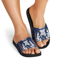 Custom Scotland Curling Slide Sandals Scottish Thistle Mix Tartan Pattern - Wonder Print Shop